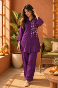 Purple Beaded Embellished Wrinkled Shirt-Style Co-ord Set