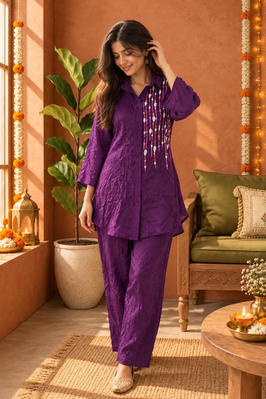 Purple Beaded Embellished Wrinkled Shirt-Style Co-ord Set