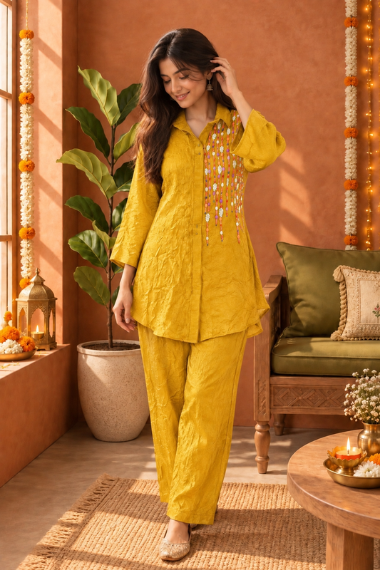 Mustard Beaded Embellished Wrinkled Shirt-Style Co-ord Set