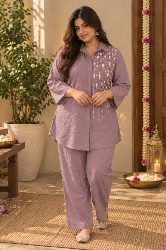 Pastel Lilac Beaded Embellished Wrinkled Shirt-Style Co-ord Set