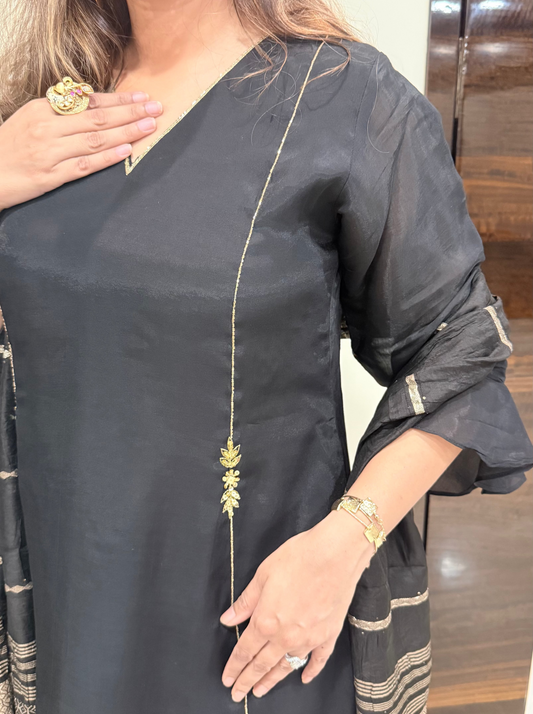 Black Handwork A-Line Kurta Pant Dupatta Set With Pocket