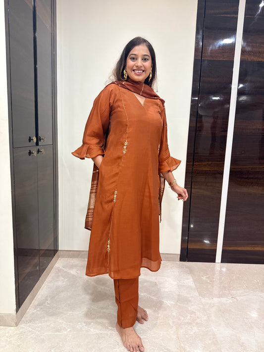 Rust Copper Handwork A-Line Kurta Pant Dupatta Set With Pocket