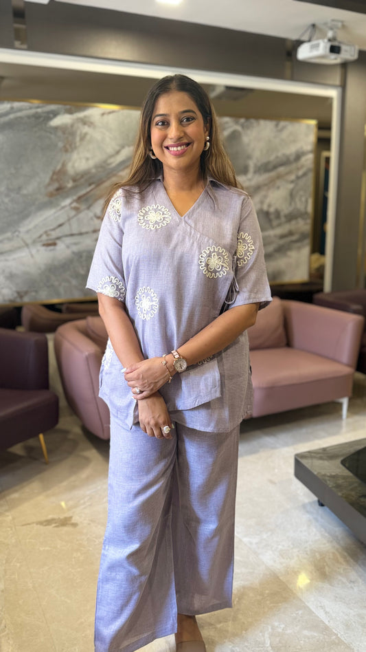 Embroidered Linen Co-ord Set Lilac