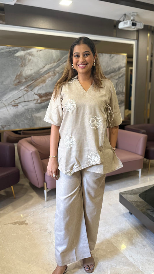 Embroidered Linen Co-ord Set Beige