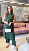 Olive Sleeveless Kurti Pant Set with Pearl Detailing