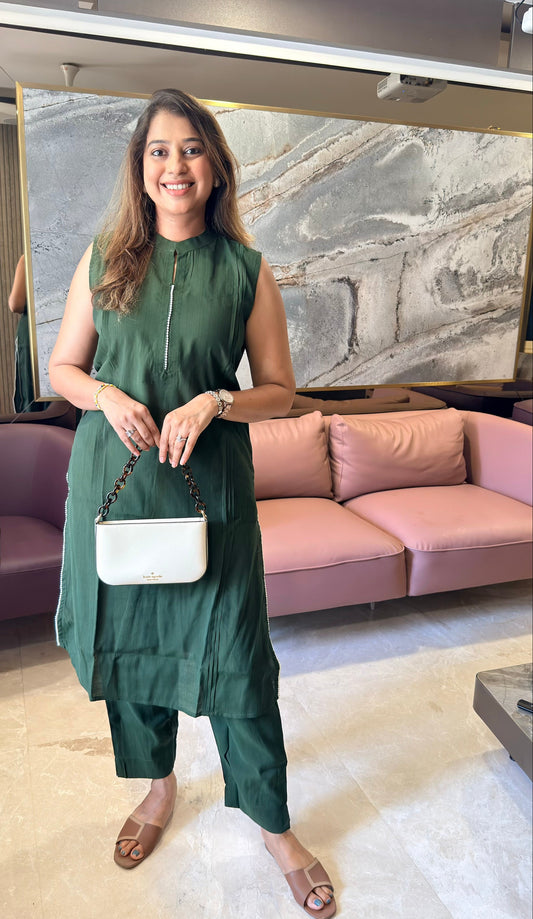 Olive Sleeveless Kurti Pant Set with Pearl Detailing