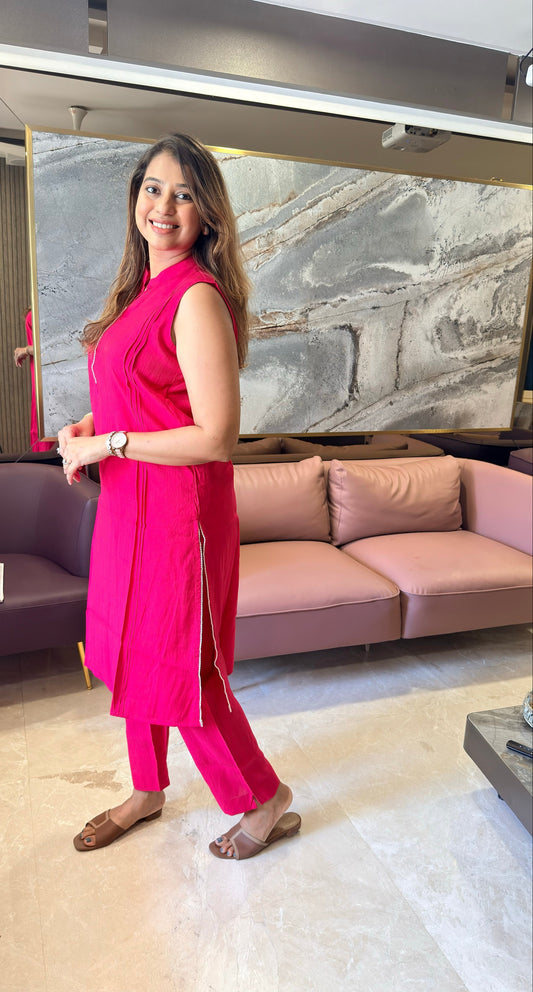 Bright Pink Sleeveless Kurti Pant Set with Pearl Detailing