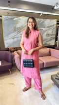 Dusty Pink Sleeveless Kurti Pant Set with Pearl Detailing