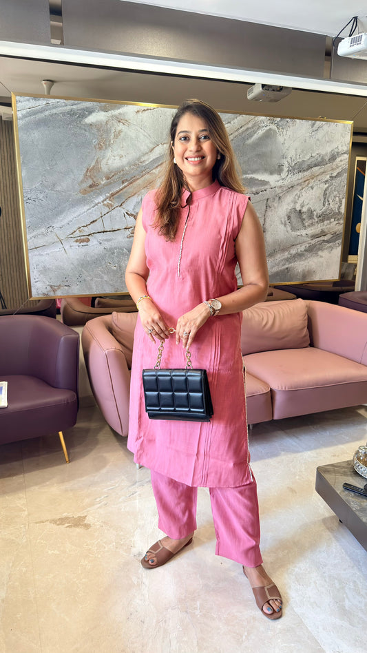 Dusty Pink Sleeveless Kurti Pant Set with Pearl Detailing