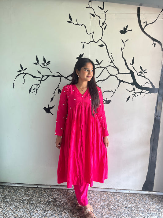 Fuschia Pink Soft Cotton Silk Minimal Embroidery Kurta Set