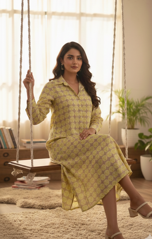 Yellow Beige Printed Shirt Style Long Kurti Dress