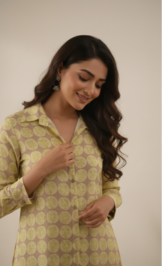 Yellow Beige Printed Shirt Style Long Kurti Dress