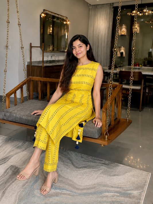 Sunset Tassel Woven Stripe Kurti Set