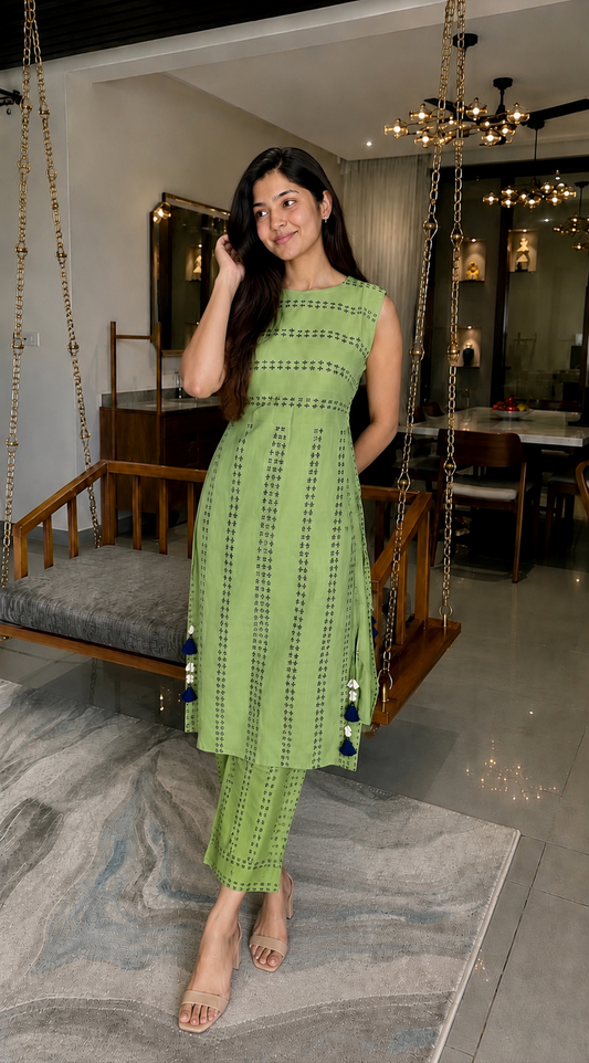 Green Tassel Woven Stripe Kurti Set