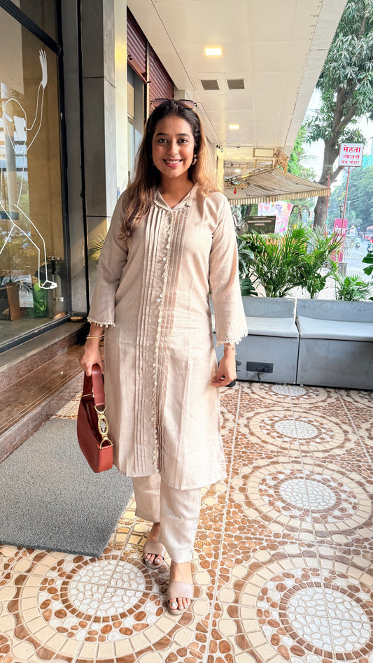 Beige Linen Pintuck Lace Co-ord Set