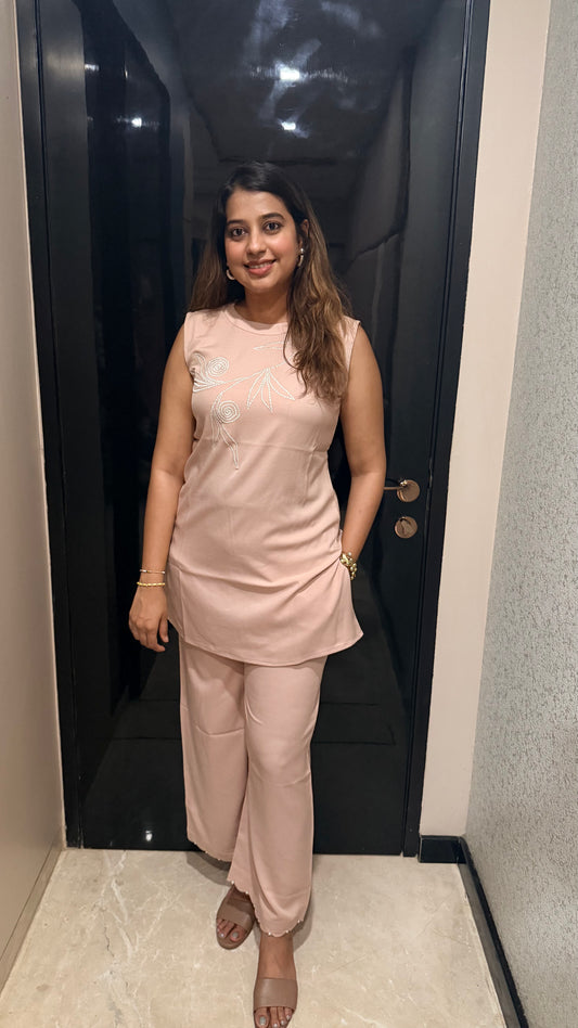 Blush Pink Embroidered Co-ord Set With Pearl Scallop Pants