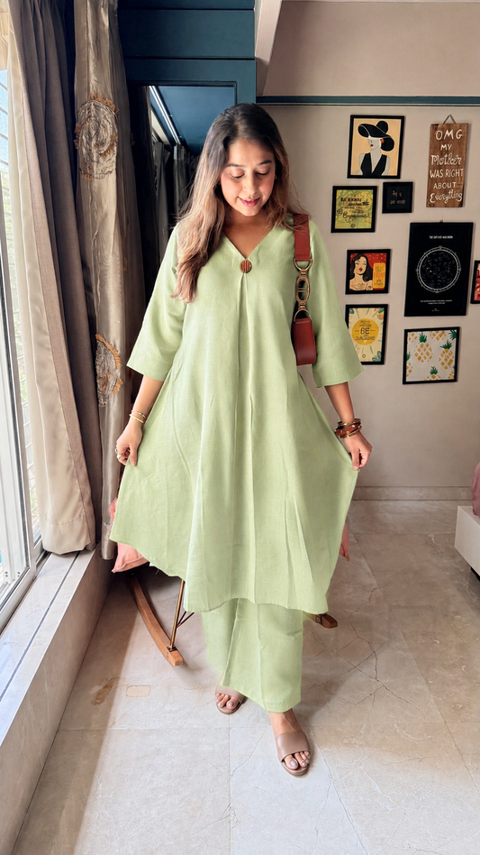 Pastel Pista Linen Kurti Set