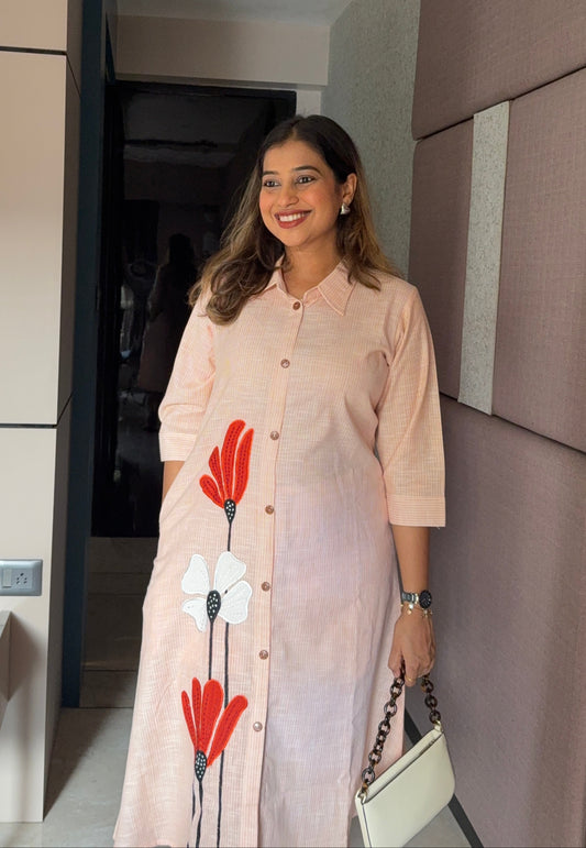 Pastel Orange Floral Appliqué Shirt Dress