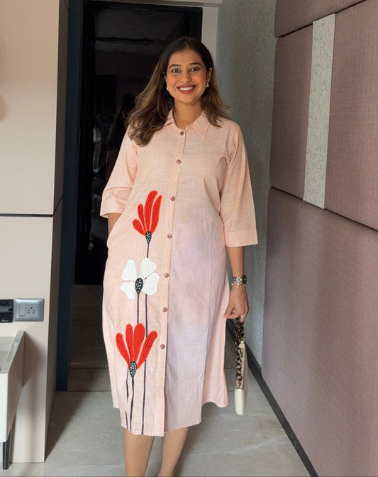 Pastel Orange Floral Appliqué Shirt Dress