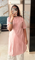 Baby Pink Striped Cotton Kurti with Pearl Button Detailing