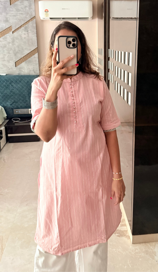 Baby Pink Striped Cotton Kurti with Pearl Button Detailing