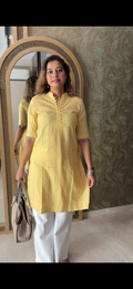 Pastel Yellow Striped Cotton Kurti with Pearl Button Detailing