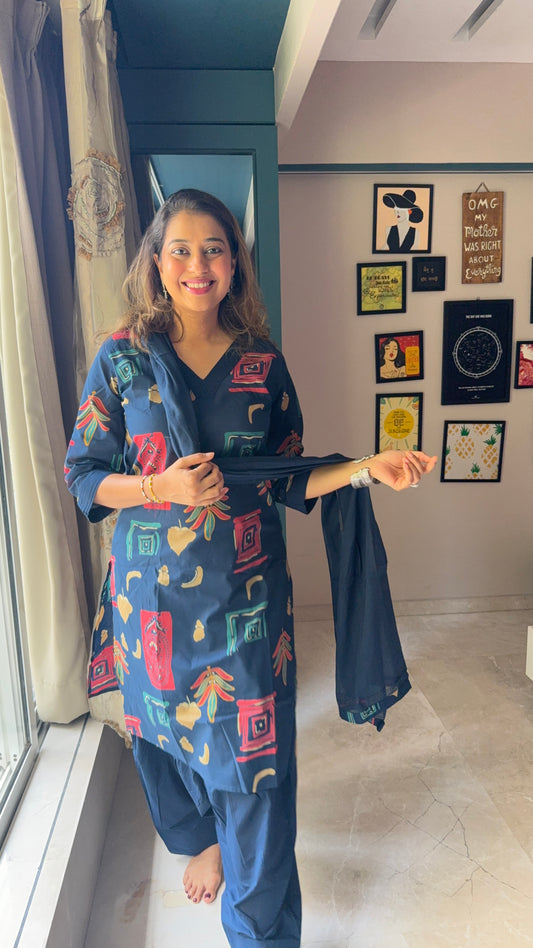 Royal Blue Aura Printed Long Kurta With Farshi Salwar Set