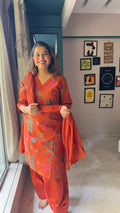 Rust Aura Printed Long Kurta With Farshi Salwar Set