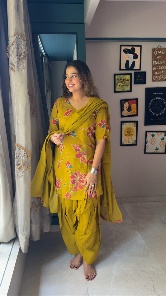 Mustard Bloom Floral Cotton Farshi Kurta Set