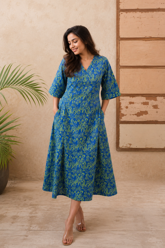 Royal Blue & Lime Green Printed Flared Midi Dress with Pockets