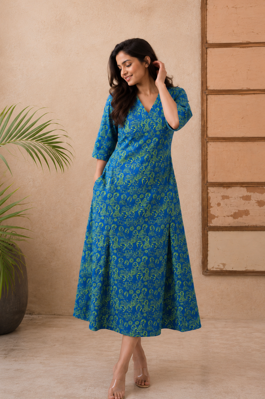 Royal Blue & Lime Green Printed Flared Midi Dress with Pockets
