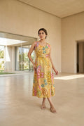 Sunlit Meadow Viscose Muslin Midi Dress With Sleeves Fabric Separate
