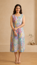 Pastel Garden Viscose Muslin Midi Dress With Sleeves Fabric Separate