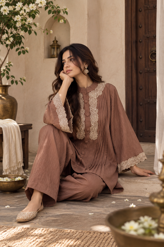 Mocha Brown Lace Detail Kurta Set
