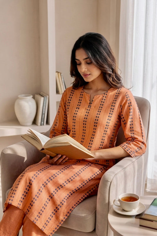 Peach Orange Handwoven Cotton Kurti