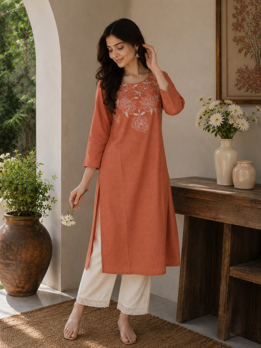 Coral Bloom Embroidered Kurti