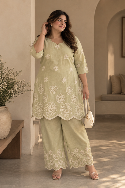Daisy Bloom Embroidered Linen Co-ord Set Pista