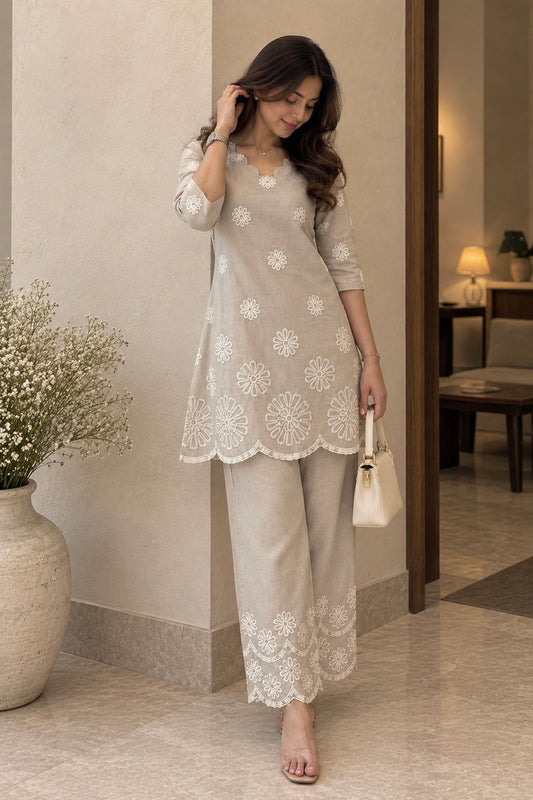 Daisy Bloom Embroidered Linen Co-ord Set Beige