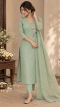 Pista Green Embroidered Kurta Set With Dupatta