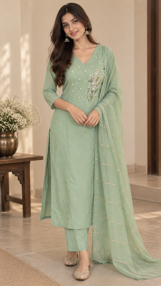 Pista Green Embroidered Kurta Set With Dupatta