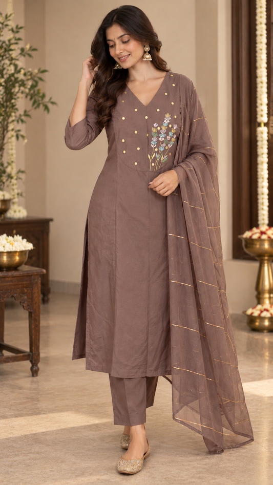 Mauve Embroidered Kurta Set With Dupatta