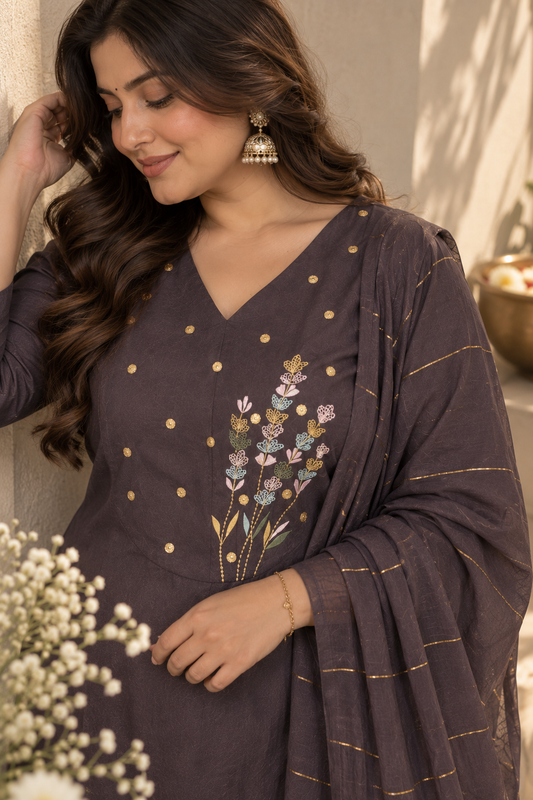 Violet Embroidered Kurta Set With Dupatta