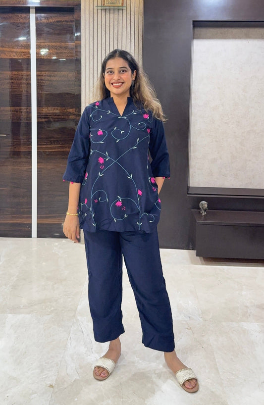 Royal Blue Contrast Embroidered A-Line Co-ord Set