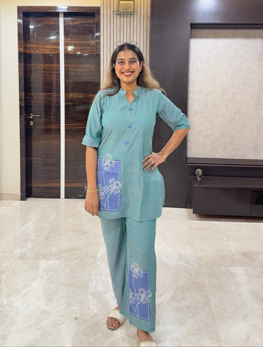 Two-Tone Floral Patchwork Cotton Co-ord Set