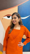 Orange Crushed Cotton Kurti Set With Smocked Neckline
