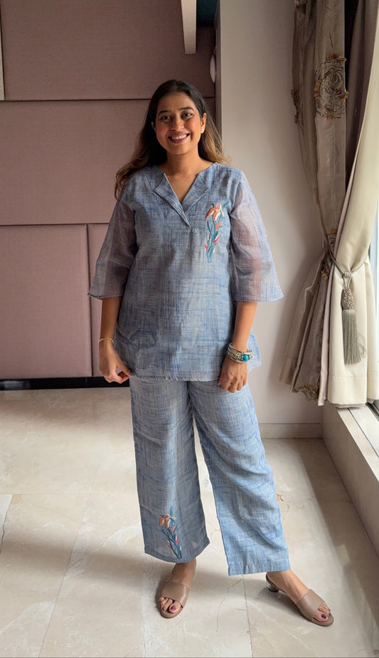 Denim Blue Co-ord Set for Women With Cute Embroidery