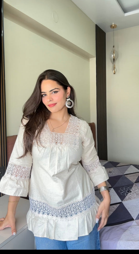 Ivory Cotton Kurti with Lace Detailing
