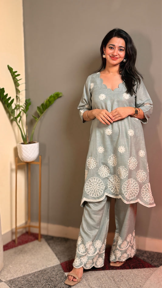Sage Green Embroidered Linen Co-Ord Set for Women