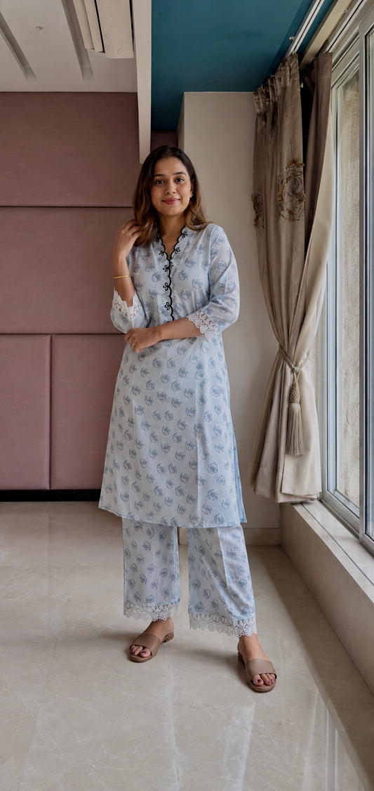 Light Grey Sea Shell Printed Lace Detailing Kurta Set
