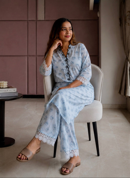 Light Grey Sea Shell Printed Lace Detailing Kurta Set